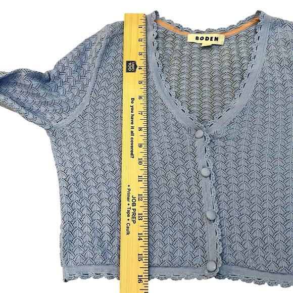 Boden Pointelle Cropped Cardigan XS Long Sleeve Light Blue Cottagecore Coquette - Picture 8 of 10